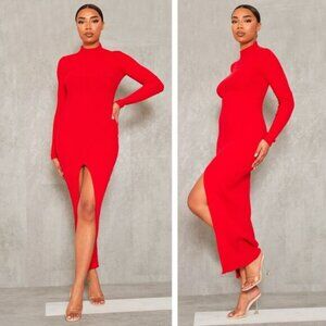 NWT PRETTYLITTLETHING Tall Red Knitted Ribbed Side Split Maxi Dress Sz Large Red